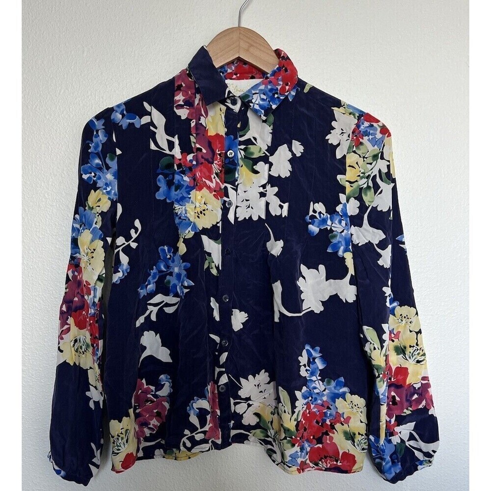 Yumi Kim Neotropic Navy Floral Long Sleeve Button 100% Silk Blouse S Boho Chic